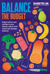 Balance the budget, colourful fruit, vegetables, meat and pound signs on a navy background. 