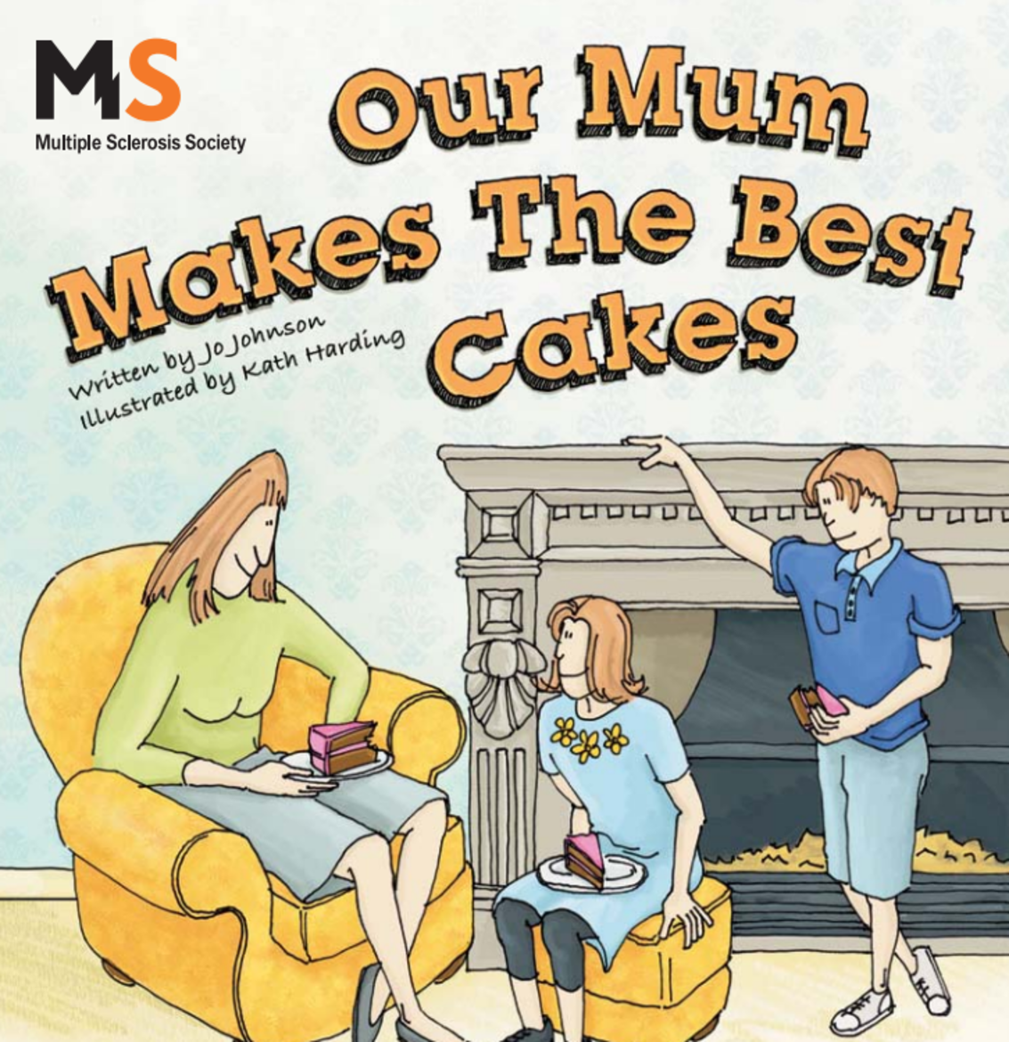 Mother sat in a living room with her two children eating a slice of cake