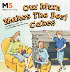 Mother sat in a living room with her two children eating a slice of cake 