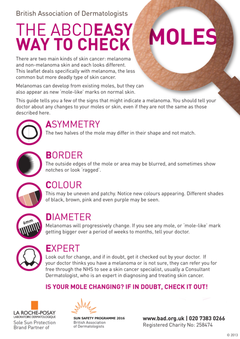 The leaflet shows a magnifying glass listing what the ABCDE stands for with a brief description