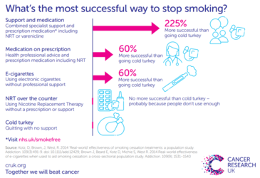 Infographic showing different ways to stop smoking and information on each way. Shows the percentage of how successful the individual was. 