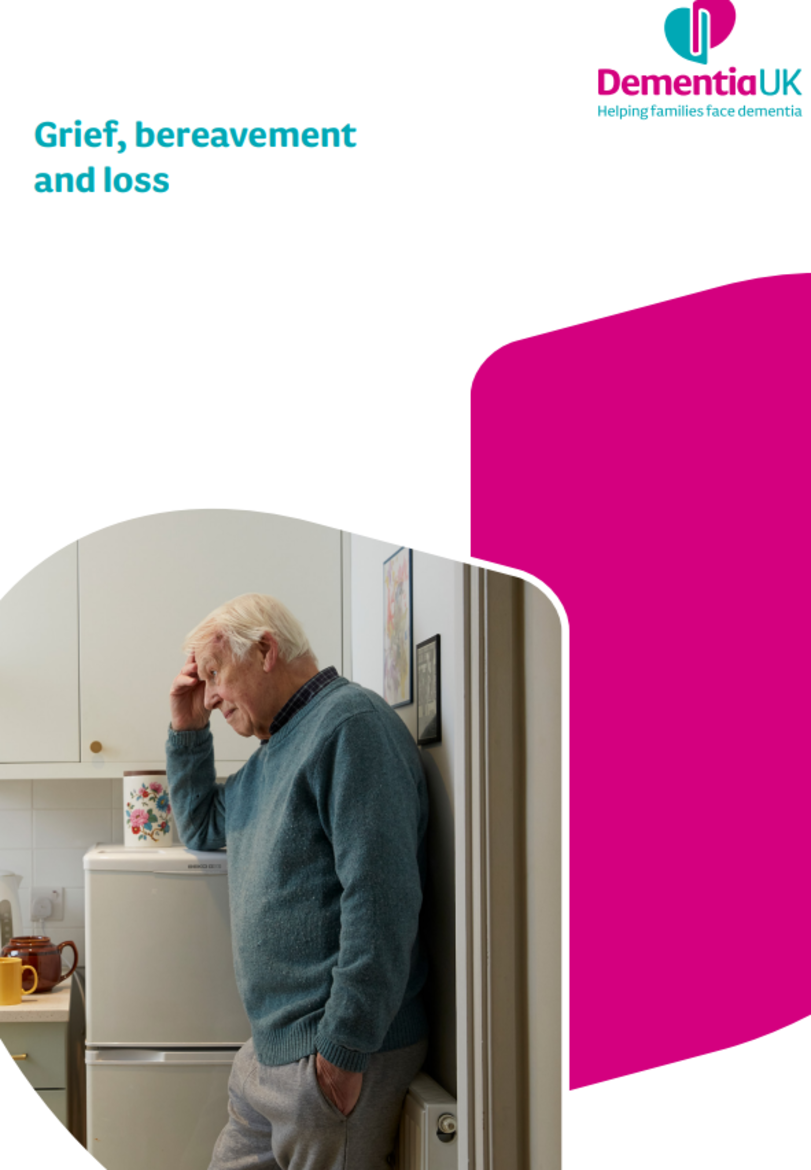 Poster shows a white background, with a image of a elderly man with his head in his hands standing in the kitchen titled grief bereavement and loss