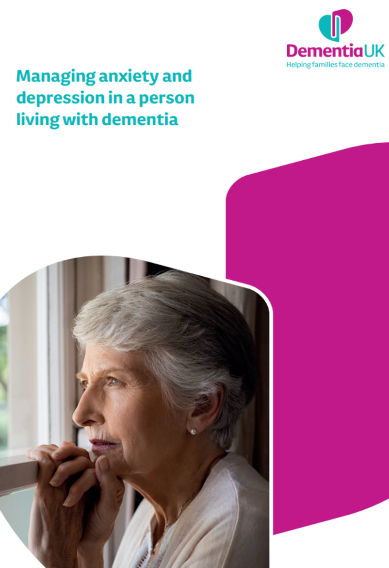 Older person looking out of the window, white background leaflet titled managing anxiety and depression with a person living with dementia. 