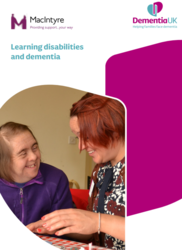 leaflet shows a white background and a image of a lady with learning disabilities smiling interacting with a member of staff. 