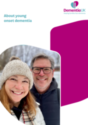 leaflet shows a white background and a image of a young man and woman smiling both looking at the camera, titled about young onset dementia 