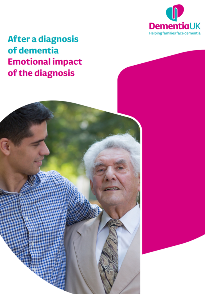 leaflet shows a white background and a image of a younger man and a older man, titled After a diagnosis of dementia- Emotional impact of the diagnosis