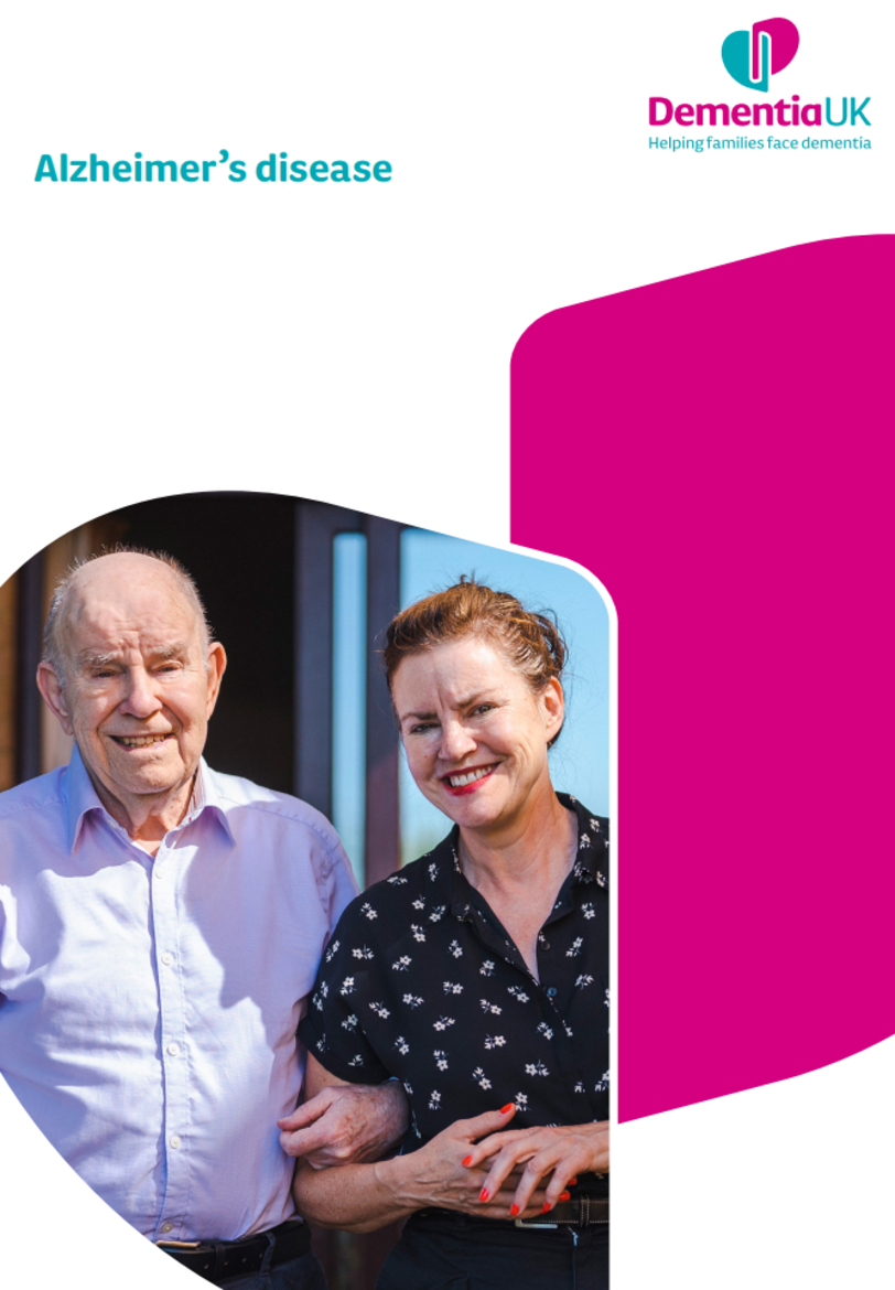 leaflet shows a white background and a image of a older man linking a younger woman's arm, titled Alzheimer’s disease