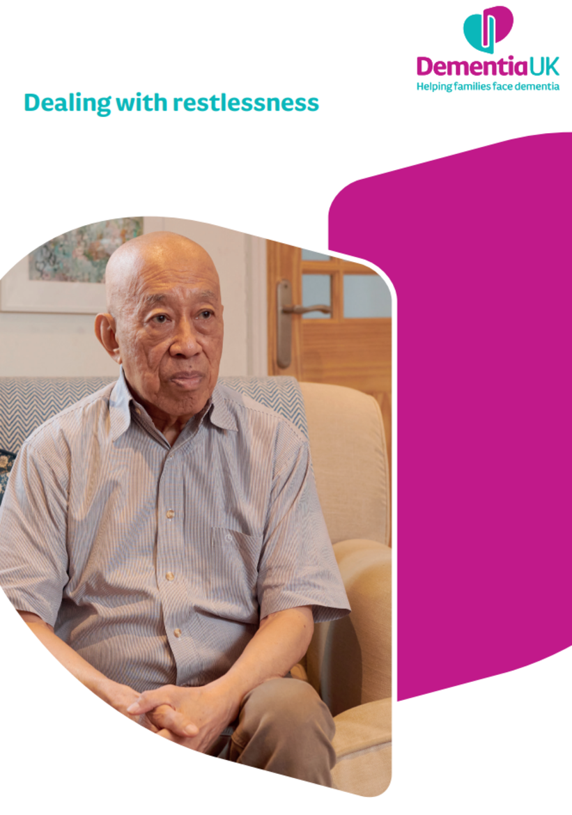 leaflet shows a white background and a image of a man sat on the sofa looking at the camera titled Dealing with restlessness (dementia)