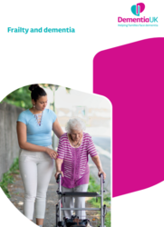 leaflet shows a white background and a image of a young woman helping a older woman walk down the street, titled Frailty and dementia