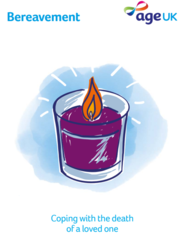 White leaflet background with a image of a purple candle in the centre lit, titled coping with the death of a loved one. 