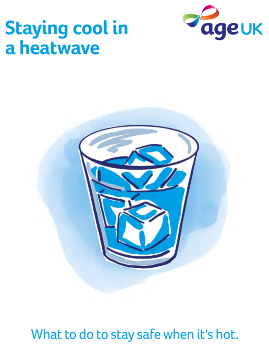 White leaflet background with a image of a glass of water with ice, titled staying cool in the heatwave- what to do to stay safe when it's hot
