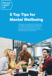 Blue leaflet background with a group of people sat in a office talking and smiling titled 5 top tips for mental wellbeing 