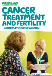 White leaflet background with green text titled cancer treatment and fertility, image of a woman discussing information with a Macmillan member of staff. 