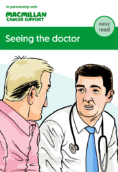 white background with a image of a man talking with a doctor who is wearing a stethoscope, titled seeing a doctor 