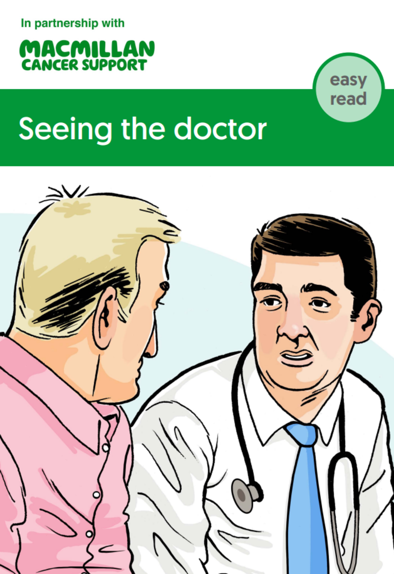 white background with a image of a man talking with a doctor who is wearing a stethoscope, titled seeing a doctor 