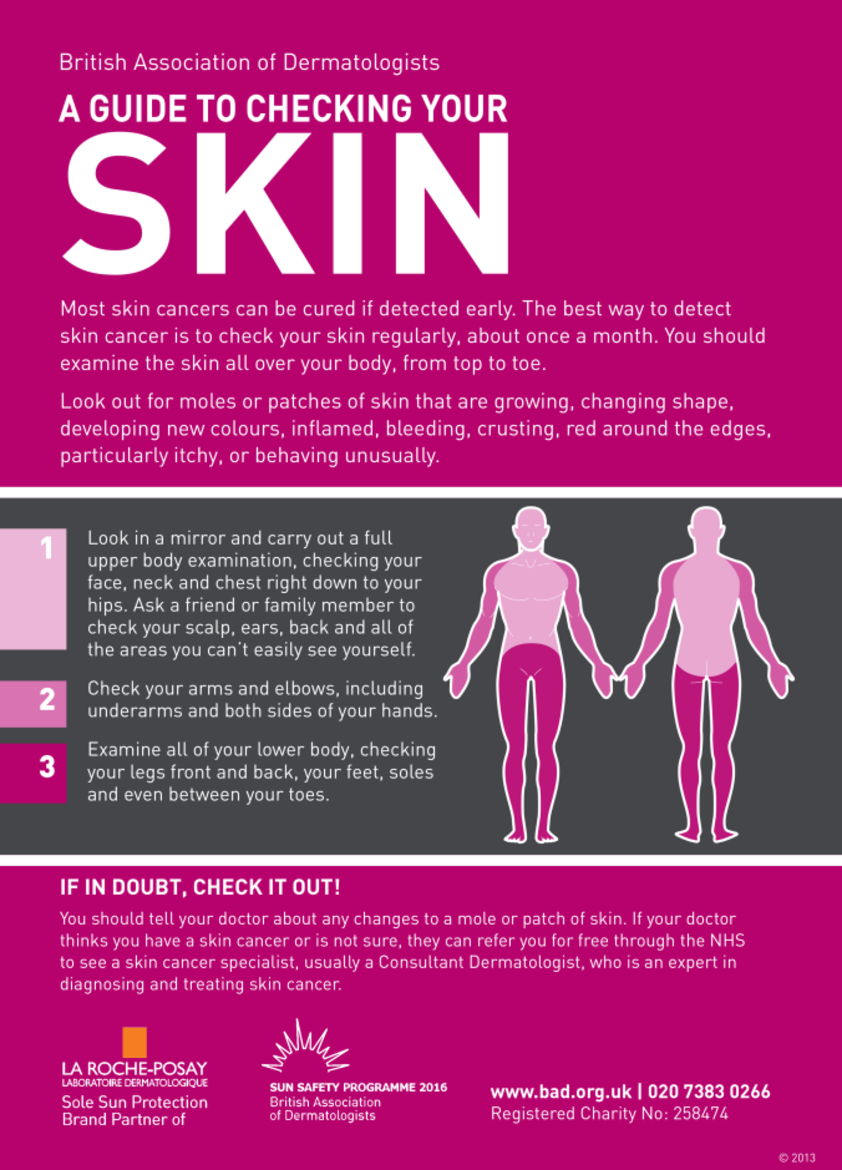 purple background with white text stating importance of checking your body and how to check your skin regularly.