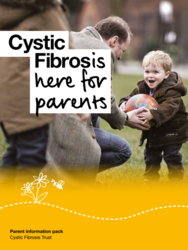 Young boy and father playing football outdoors leaflet titled Cystic Fibrosis; here for parents 