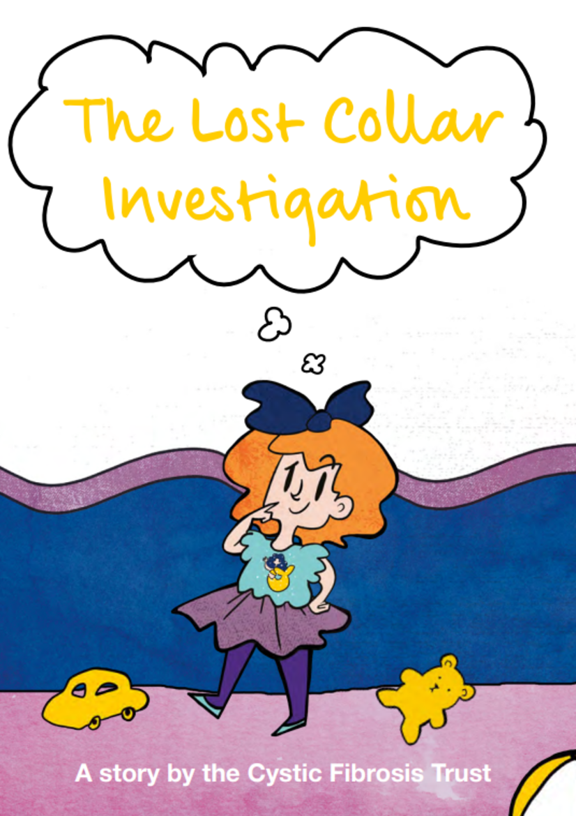Book cover shows a little girl with a speech bubble titled the lost collar investigation. 