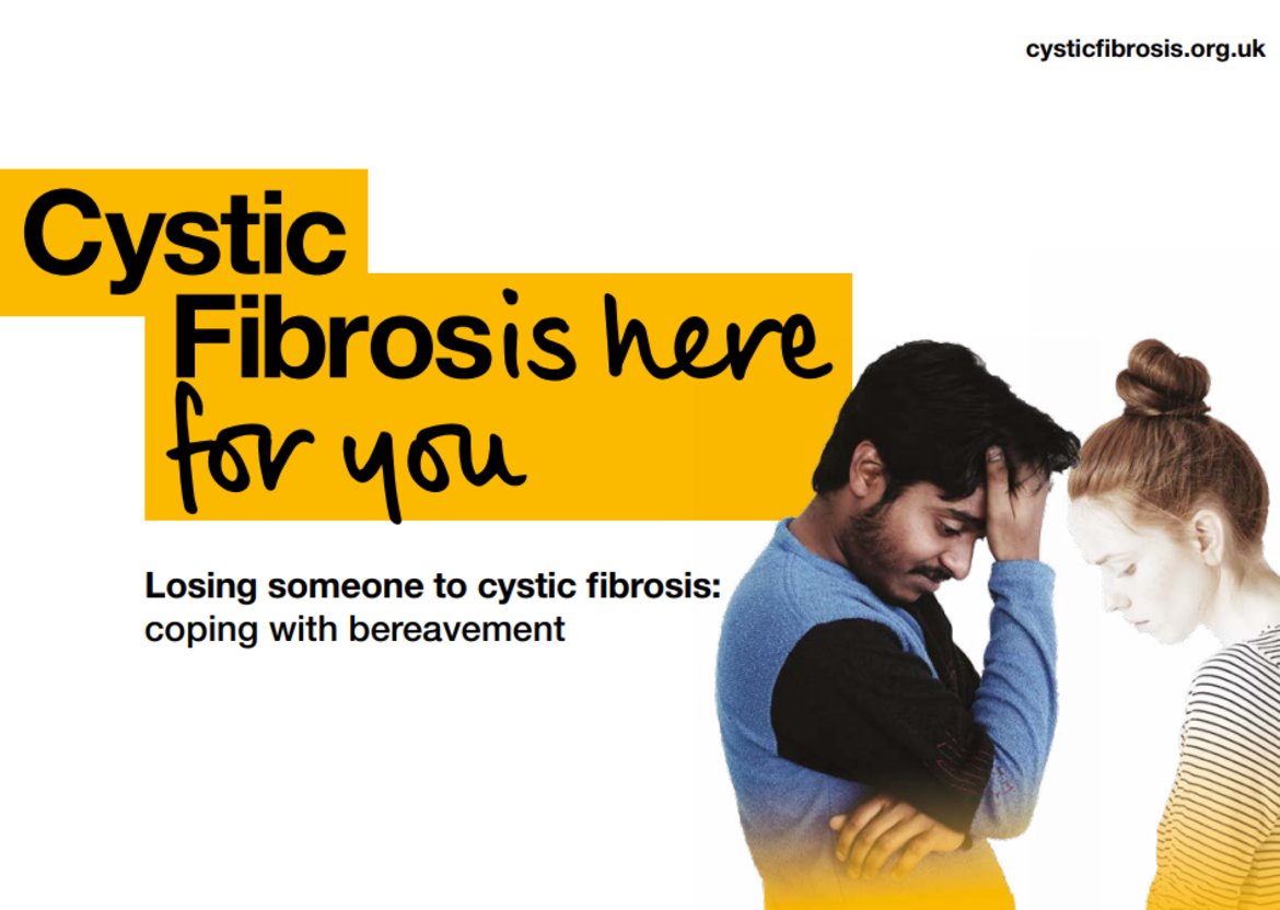 Young man and woman grieving with their head in their hands titled cystic fibrosis here for you; Losing someone to cystic fibrosis:  coping with bereavement 