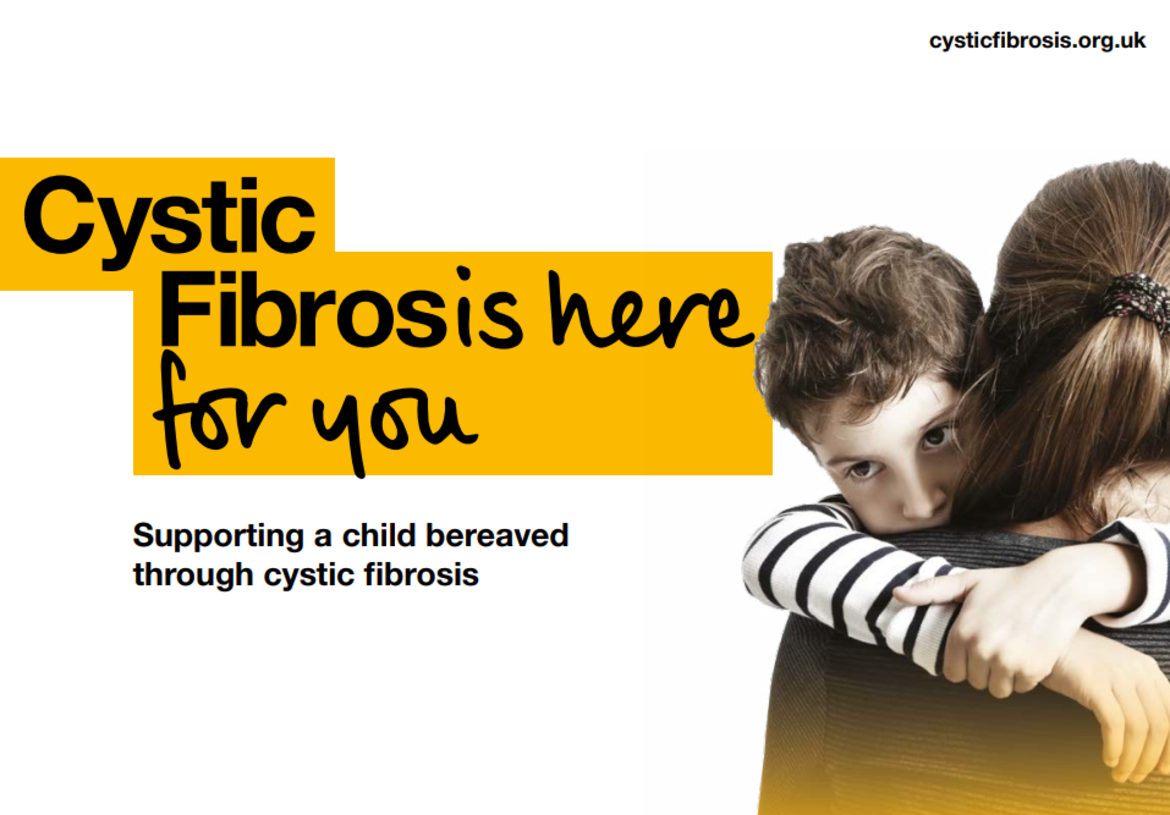 Parent/guardian comforting child titled supporting a child bereaved through Cystic Fibrosis 