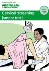 Leaflet cover shows a illustration of a woman having a smear test carried out by a healthcare professional, titled cervical screening smear test easy read 
