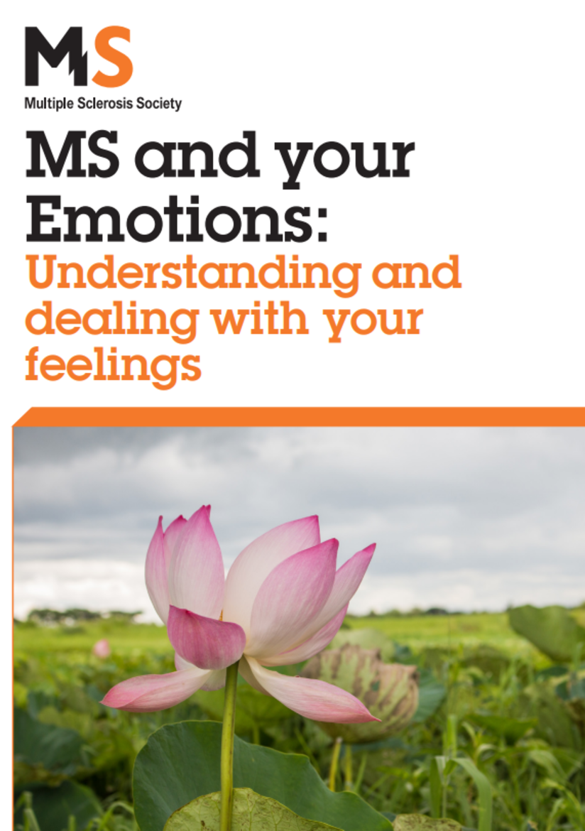 Front of booklet shows a pink flower in the middle of a green field, titled MS and your emotions. 