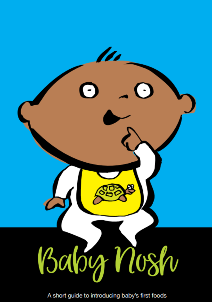 Blue background with a illustration of a baby with a bib on, titled baby nosh 