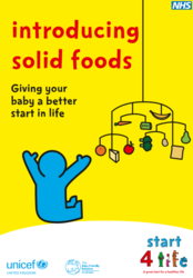 Yellow booklet cover with a small child reaching up to different foods on a nursery mobile titled introducing solid foods 