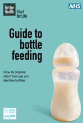 Blue background with a bottle full of milk, titled guide to bottle feeding 