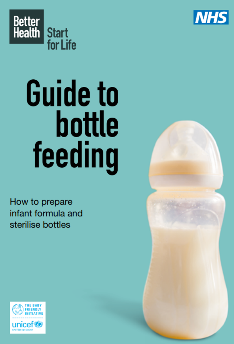Blue background with a bottle full of milk, titled guide to bottle feeding 