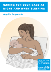 Front cover shows a mother in bed holding her small baby, booklet is titled caring for your baby at night when sleeping 