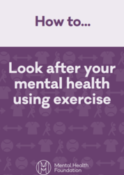 Purple leaflet background, with different cartoon images showing sport and physical activity, titled how to look after your mental health using exercise. 