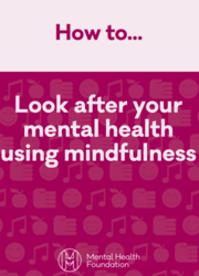 Pink leaflet background with different cartoons in the background, titled how to look after your mental health using mindfulness 