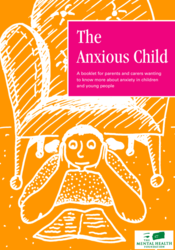 Orange background with a outline of a doll and a armchair titled the anxious child.