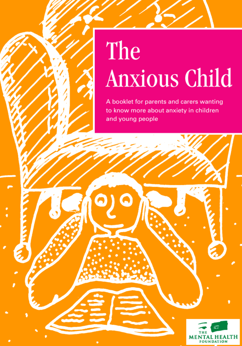 Orange background with a outline of a doll and a armchair titled the anxious child.