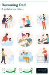 White background with different father scenarios such as walking outdoors, feeding, reading a book and having a bath. Titled becoming a dad a guide for new fathers. 