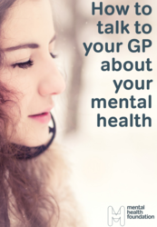Woman with her eyes closed guide is titled how to talk to your GP about your mental health 