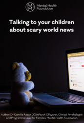 Black dark background with a bear sat in front of a computer screen, titled talking to your child about scary world news 