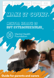 Image of a family with children on their back, blue scribble titled make it count. 