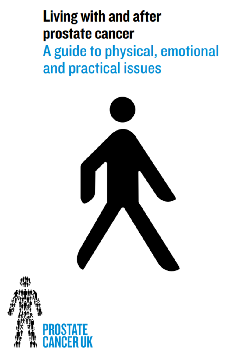 White background leaflet with an image of a man on the front, titled living with and after prostate cancer. 