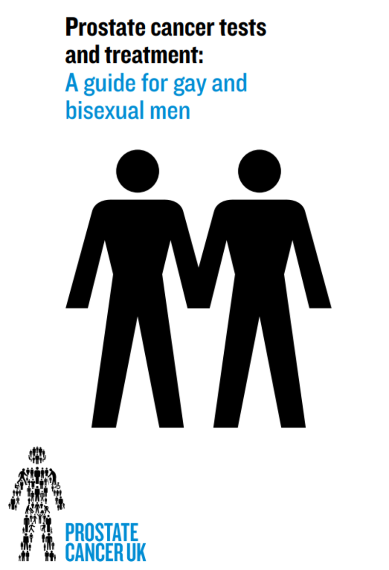 White leaflet background with two men on the front, titled prostate cancer tests and treatment: A guide for gay and bisexual men