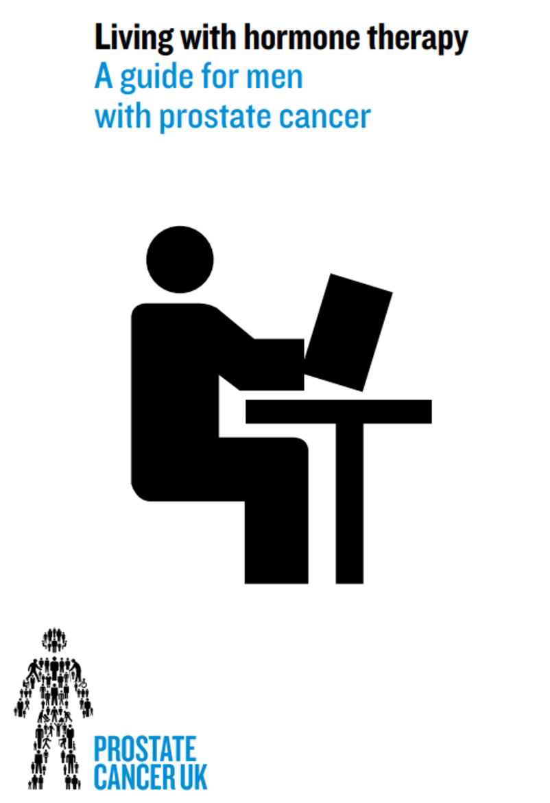 White leaflet background with a man sat by a table reading a document, titled Living with hormone therapy: A guide for men with prostate cancer
