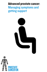 White leaflet background with an image of a man sat down on a chair, titled advanced prostate cancer- managing symptoms and getting support 