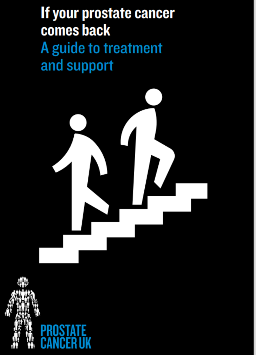 Black leaflet background with stairs and one man walking up and one man walking down, titled if your prostate cancer comes back a guide to treatment and support. 