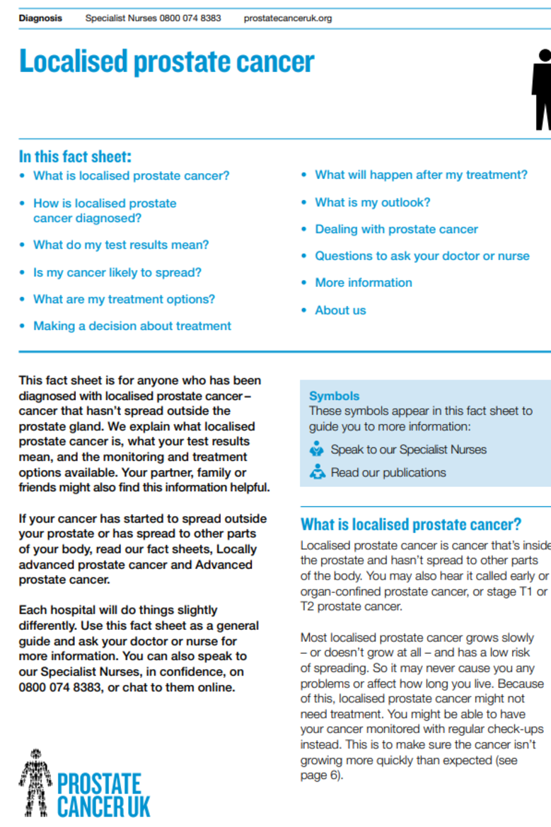 Front of the factsheet has lots of information on localised prostate cancer. 