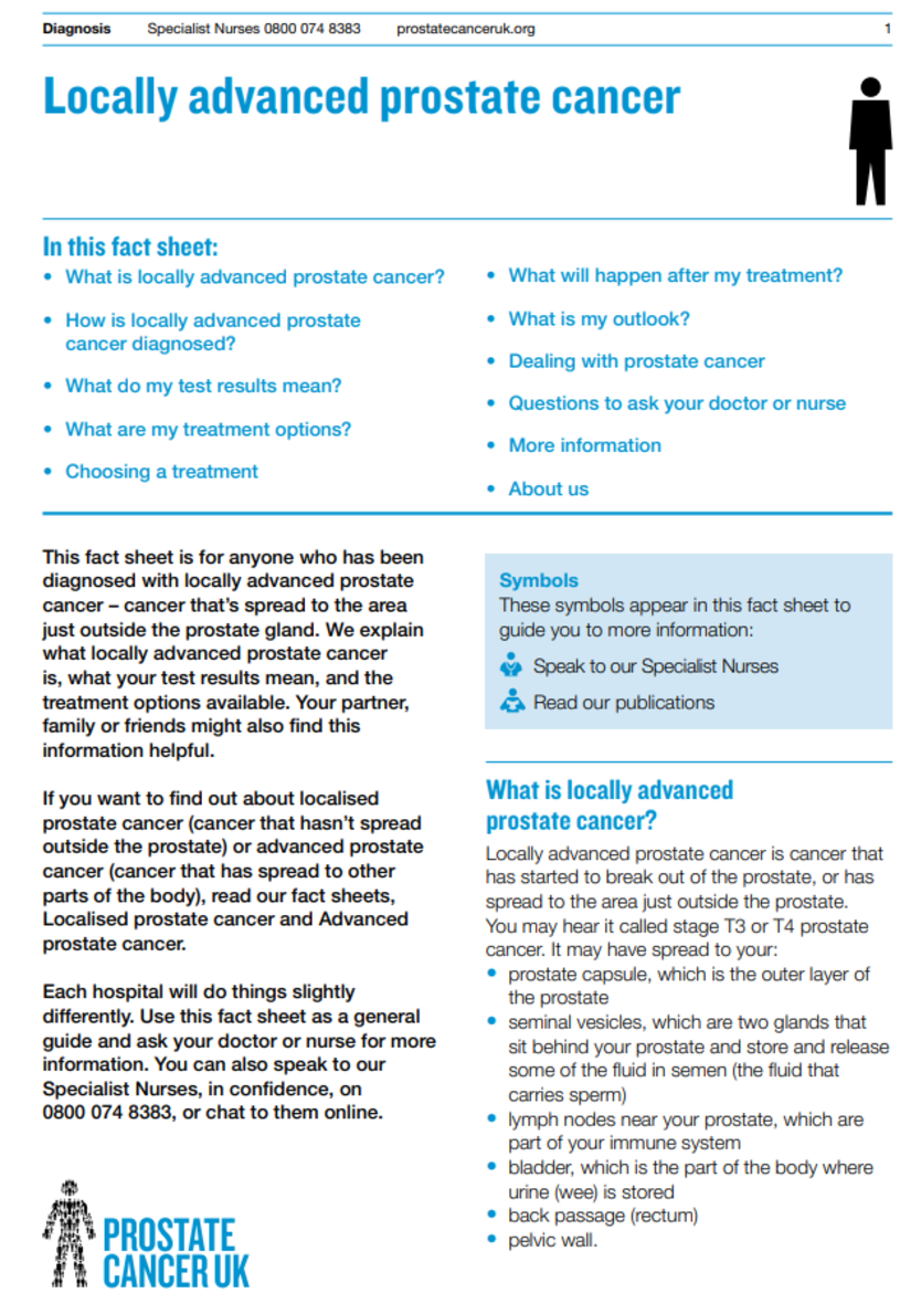 Front of the factsheet has lots of information on localised advanced prostate cancer. 