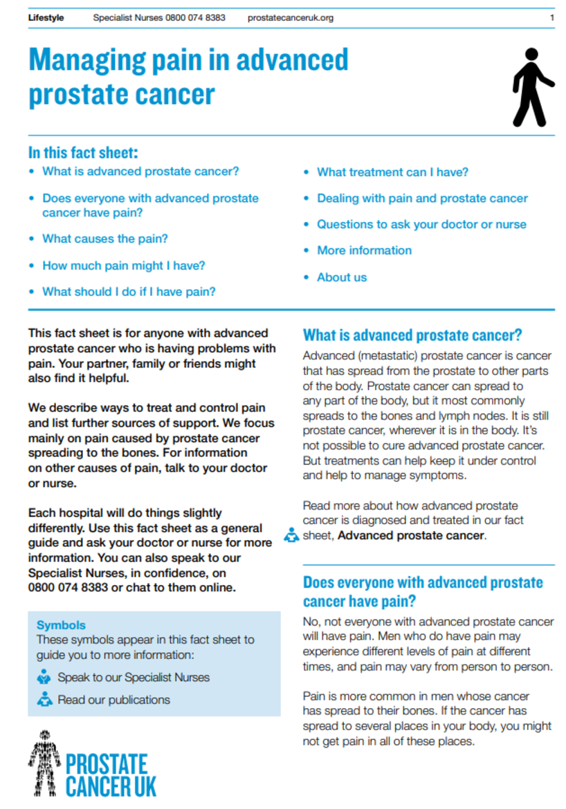 Front of the factsheet has lots of information on managing pain in advanced prostate cancer. 