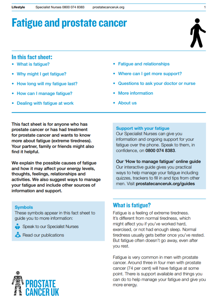 Front of the factsheet has lots of information on fatigue in prostate cancer.
