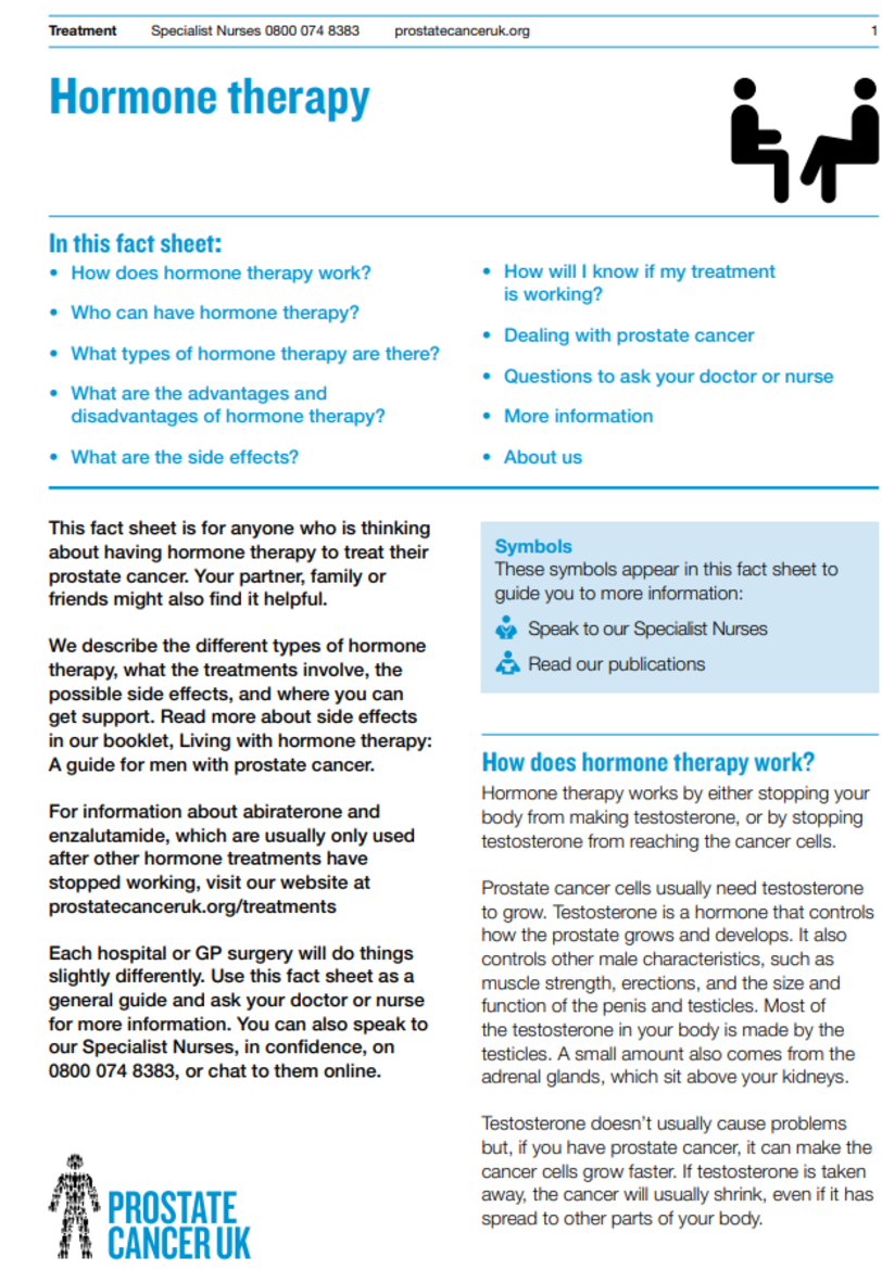 Front of the factsheet has lots of information on hormone therapy and prostate cancer. 