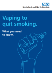 Blue and white background leaflet, with a hand holding a vape pen titled Vaping to quit smoking 